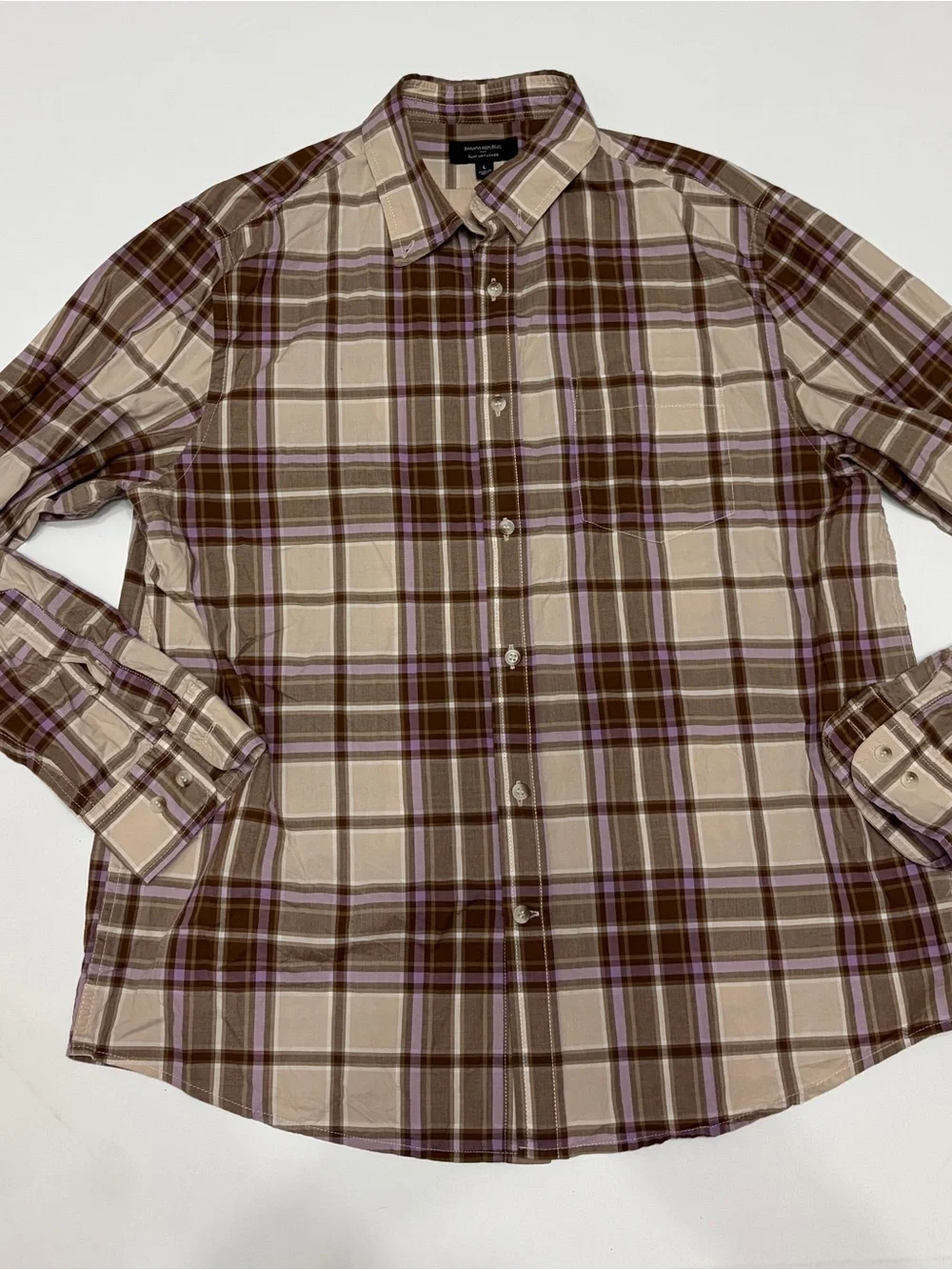 Banana Republic Men's Plaid Button-Down Shirt in Beige, Brown and Purple Sz L